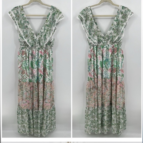 New House of Harlow Patchwork Floral Print V Neck Tiered Maxi Dress🌸 Large NWOT - Picture 5 of 14